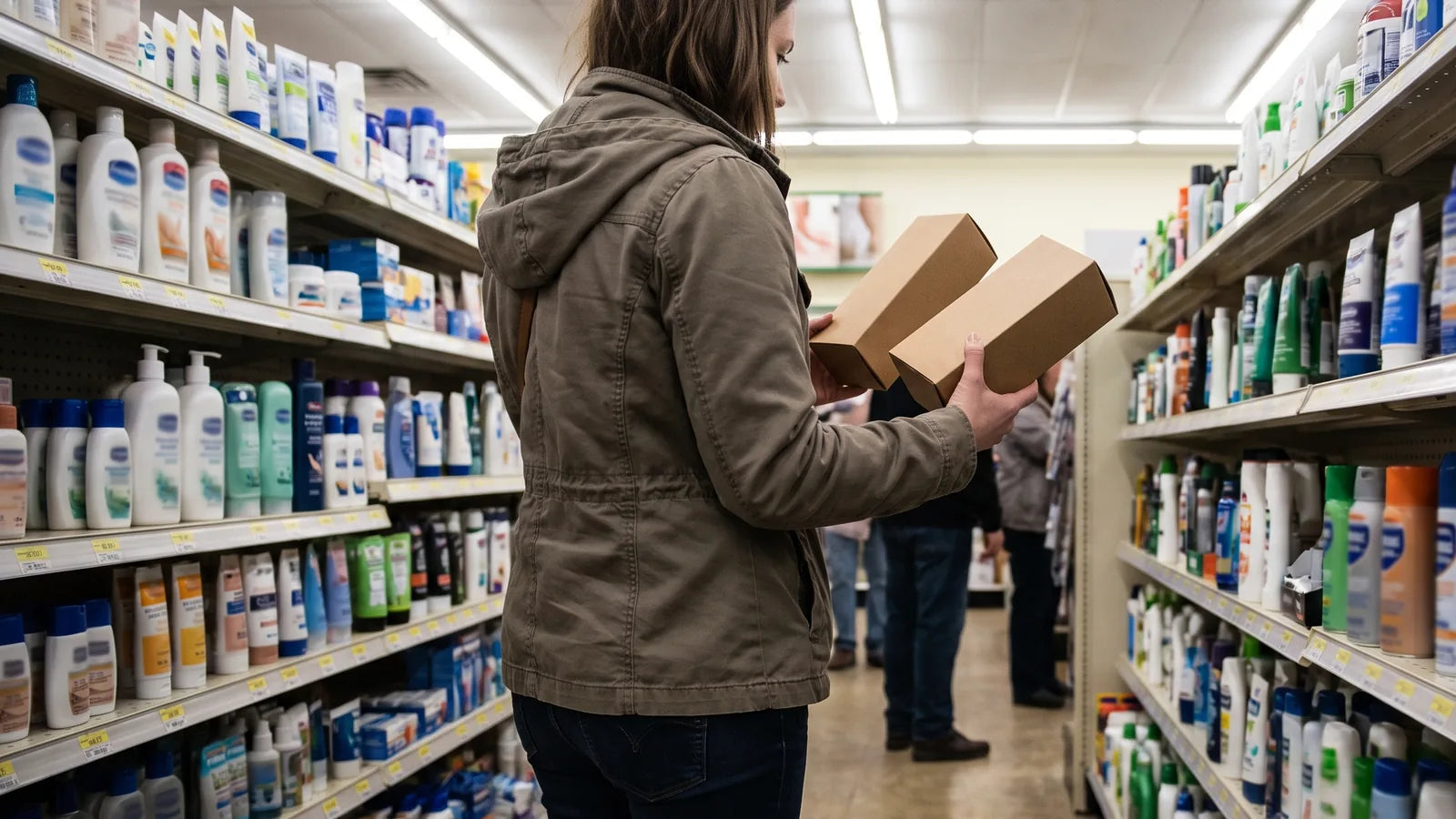 Shopper looking at a pharmacy shelf of foot-care products