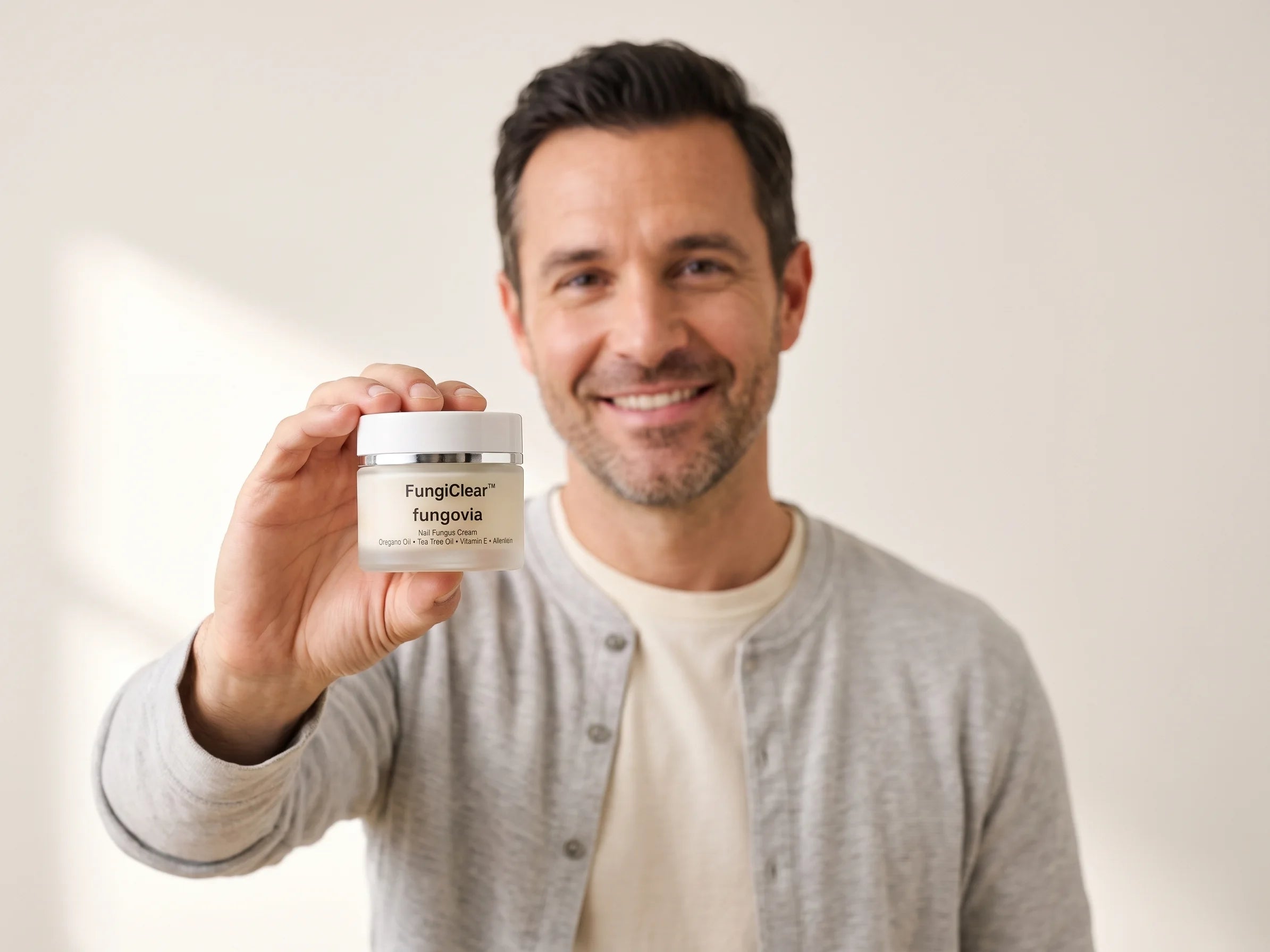 Man holding a jar of FungiClear foot cream toward the camera